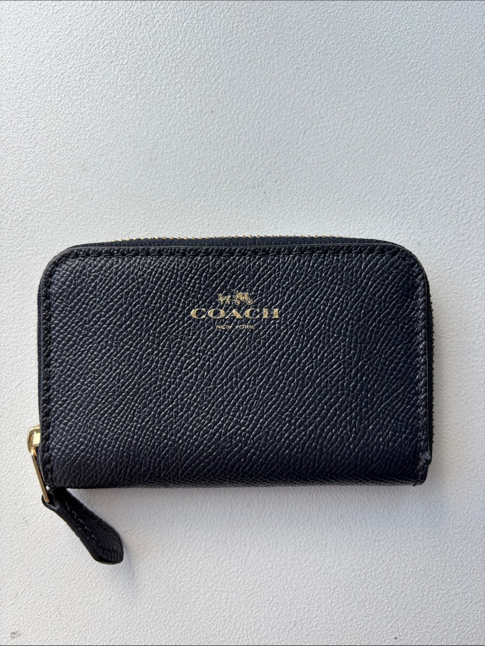 Coah Navy Saffiano Leather Zip Card Holder with Gold Logo